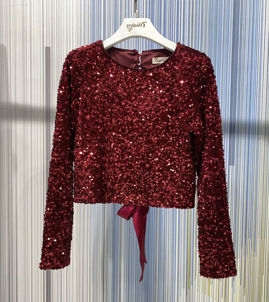 Bordeaux pailletten blouse met strik