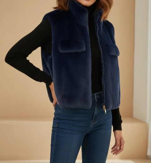 Blauwe fur gilet