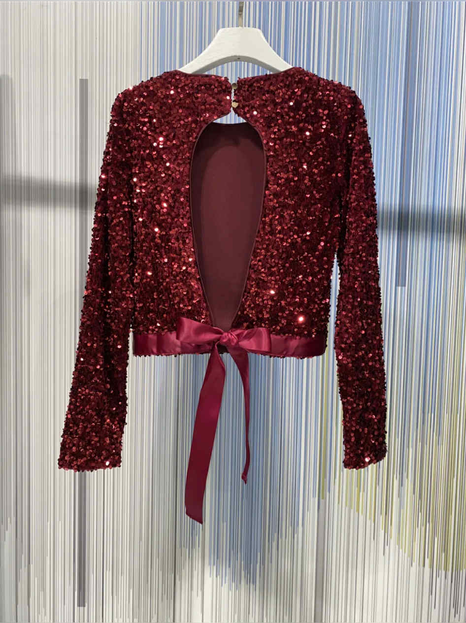 Bordeaux pailletten blouse met strik
